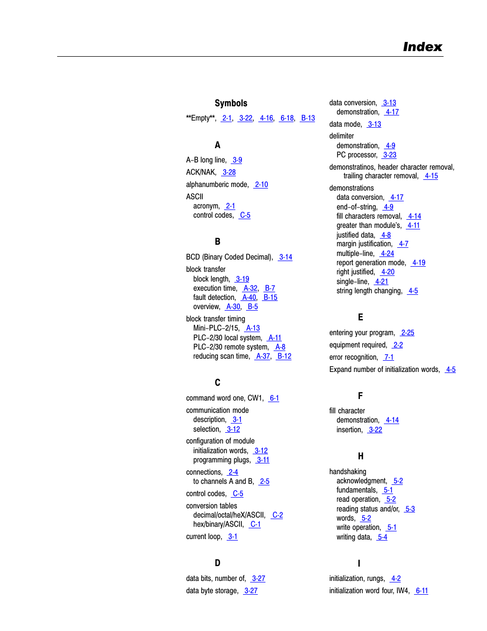 Index | Rockwell Automation 1771-DA,D17716.5.13 U MNL 1771-DA ASCII I/O MODULE User Manual | Page 260 / 262