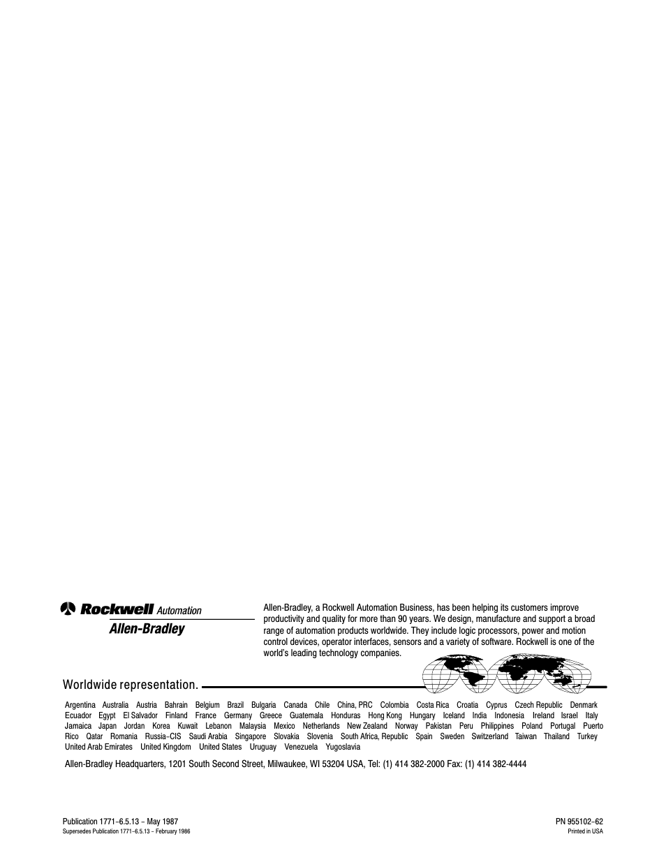 Back cover, Worldwide representation | Rockwell Automation 1771-DA,D17716.5.13 U MNL 1771-DA ASCII I/O MODULE User Manual | Page 262 / 262