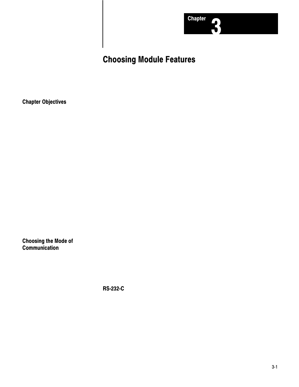 3 - choosing module features, Chapter objectives, Choosing the mode of communications | Choosing module features | Rockwell Automation 1771-DA,D17716.5.13 U MNL 1771-DA ASCII I/O MODULE User Manual | Page 43 / 262