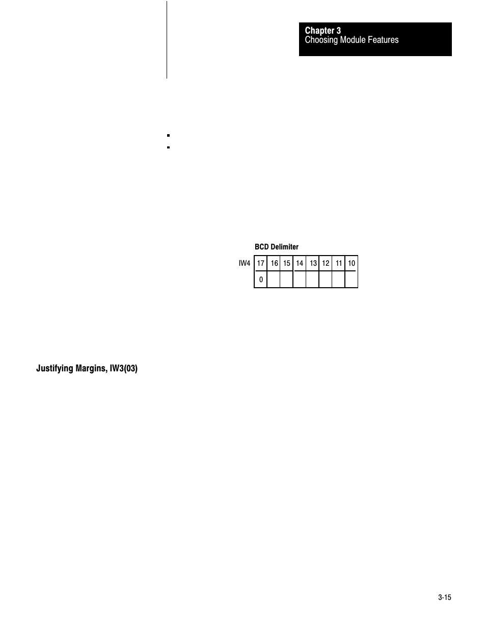 Justifying margins, iw3(03), 3ć15 | Rockwell Automation 1771-DA,D17716.5.13 U MNL 1771-DA ASCII I/O MODULE User Manual | Page 57 / 262