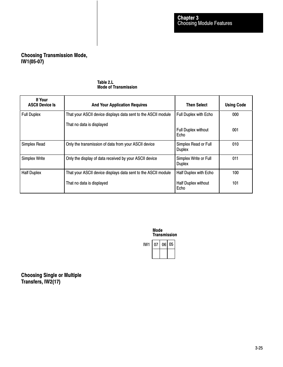 Choosing transmission mode, Choosing single or multiple transfers, 3ć25 | Rockwell Automation 1771-DA,D17716.5.13 U MNL 1771-DA ASCII I/O MODULE User Manual | Page 67 / 262