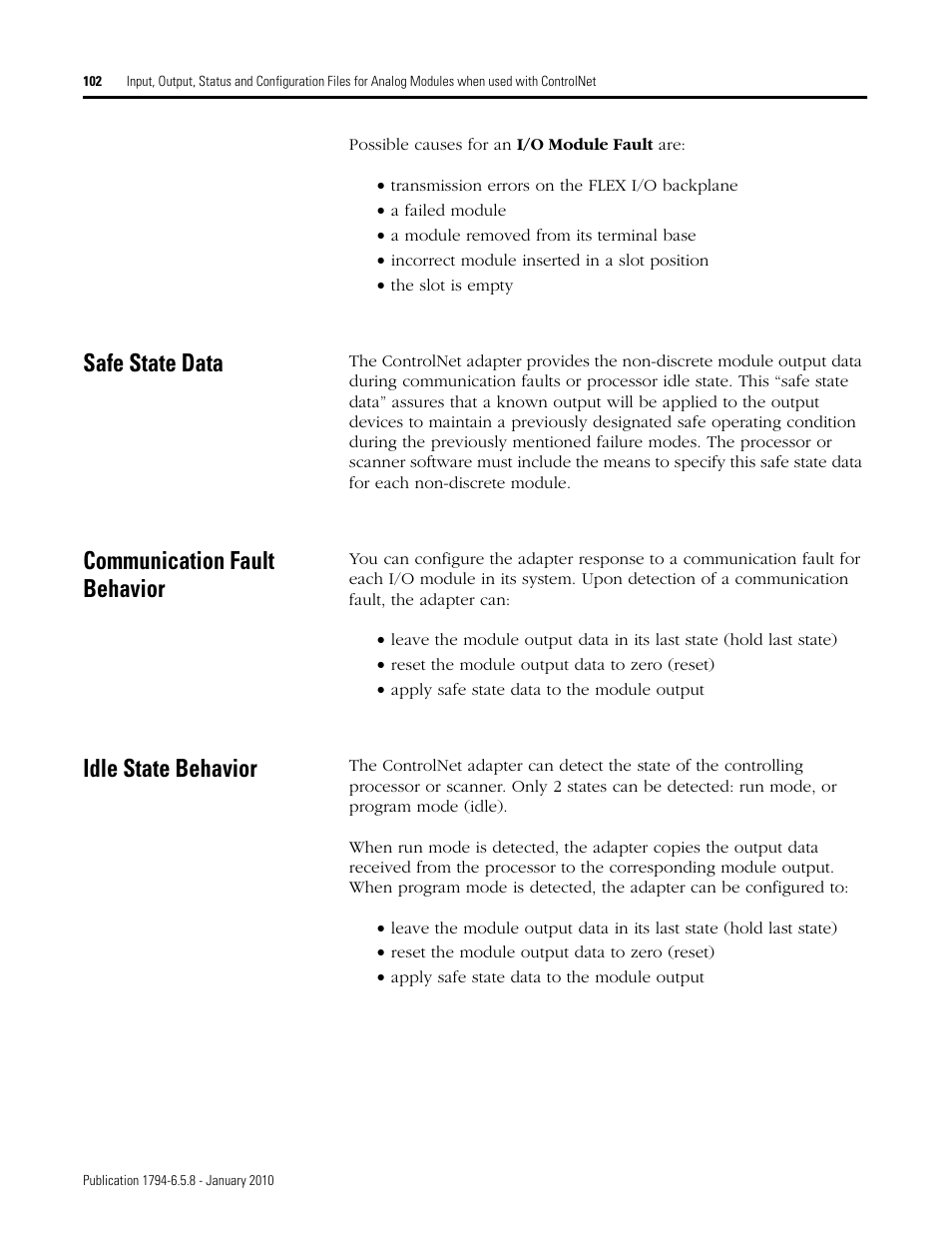 Safe state data, Communication fault behavior, Idle state behavior | Rockwell Automation 1794-IF4I, -OF4I, IF2XOF2I, -IF4IXT, -IF4ICFXT, -OF4IXT, IF2XOF2IXT FLEX I/O Isolated Analog Modules User Manual | Page 102 / 147