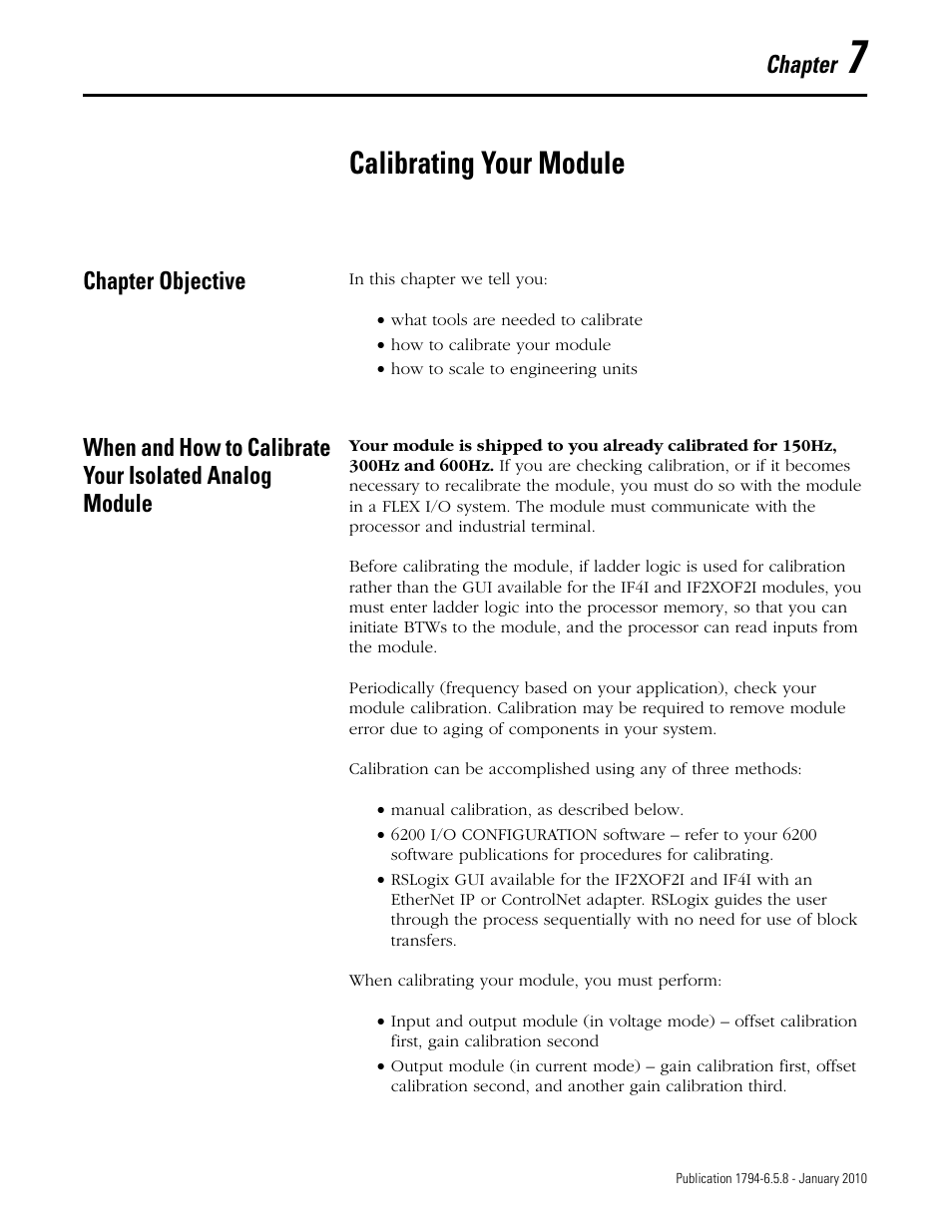 Calibrating your module, Chapter objective, Chapter 7 | Chapter | Rockwell Automation 1794-IF4I, -OF4I, IF2XOF2I, -IF4IXT, -IF4ICFXT, -OF4IXT, IF2XOF2IXT FLEX I/O Isolated Analog Modules User Manual | Page 121 / 147