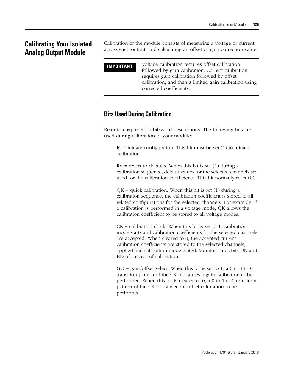 Calibrating your isolated analog output module, Bits used during calibration | Rockwell Automation 1794-IF4I, -OF4I, IF2XOF2I, -IF4IXT, -IF4ICFXT, -OF4IXT, IF2XOF2IXT FLEX I/O Isolated Analog Modules User Manual | Page 127 / 147