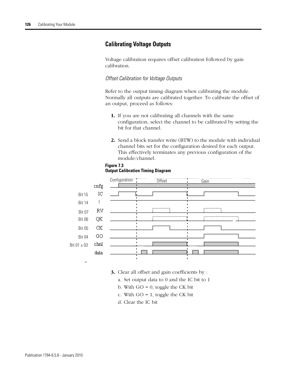 Calibrating voltage outputs, Offset calibration for voltage outputs 126 | Rockwell Automation 1794-IF4I, -OF4I, IF2XOF2I, -IF4IXT, -IF4ICFXT, -OF4IXT, IF2XOF2IXT FLEX I/O Isolated Analog Modules User Manual | Page 128 / 147