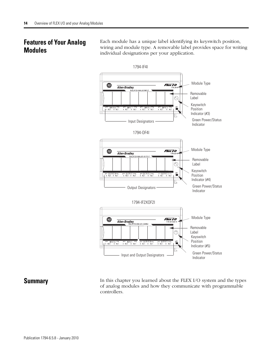 Features of your analog modules, Summary, Features of your analog modules summary | Rockwell Automation 1794-IF4I, -OF4I, IF2XOF2I, -IF4IXT, -IF4ICFXT, -OF4IXT, IF2XOF2IXT FLEX I/O Isolated Analog Modules User Manual | Page 14 / 147
