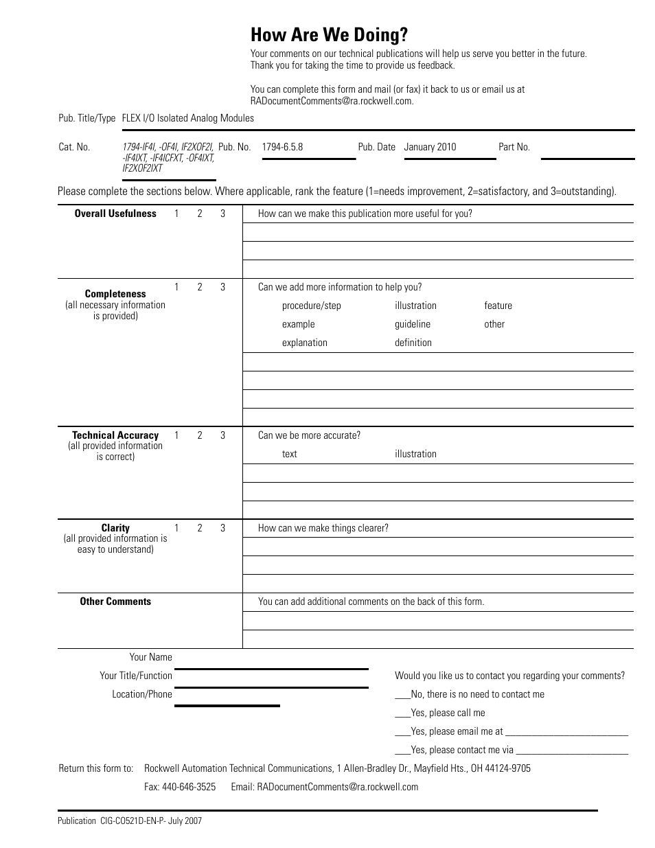 How are we doing | Rockwell Automation 1794-IF4I, -OF4I, IF2XOF2I, -IF4IXT, -IF4ICFXT, -OF4IXT, IF2XOF2IXT FLEX I/O Isolated Analog Modules User Manual | Page 143 / 147