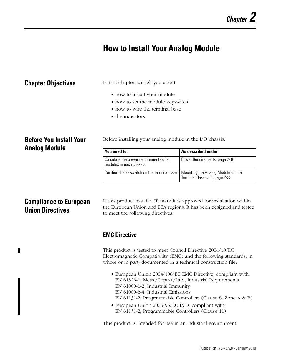 How to install your analog module, Chapter objectives, Before you install your analog module | Compliance to european union directives, Chapter 2, Chapter, Emc directive | Rockwell Automation 1794-IF4I, -OF4I, IF2XOF2I, -IF4IXT, -IF4ICFXT, -OF4IXT, IF2XOF2IXT FLEX I/O Isolated Analog Modules User Manual | Page 15 / 147