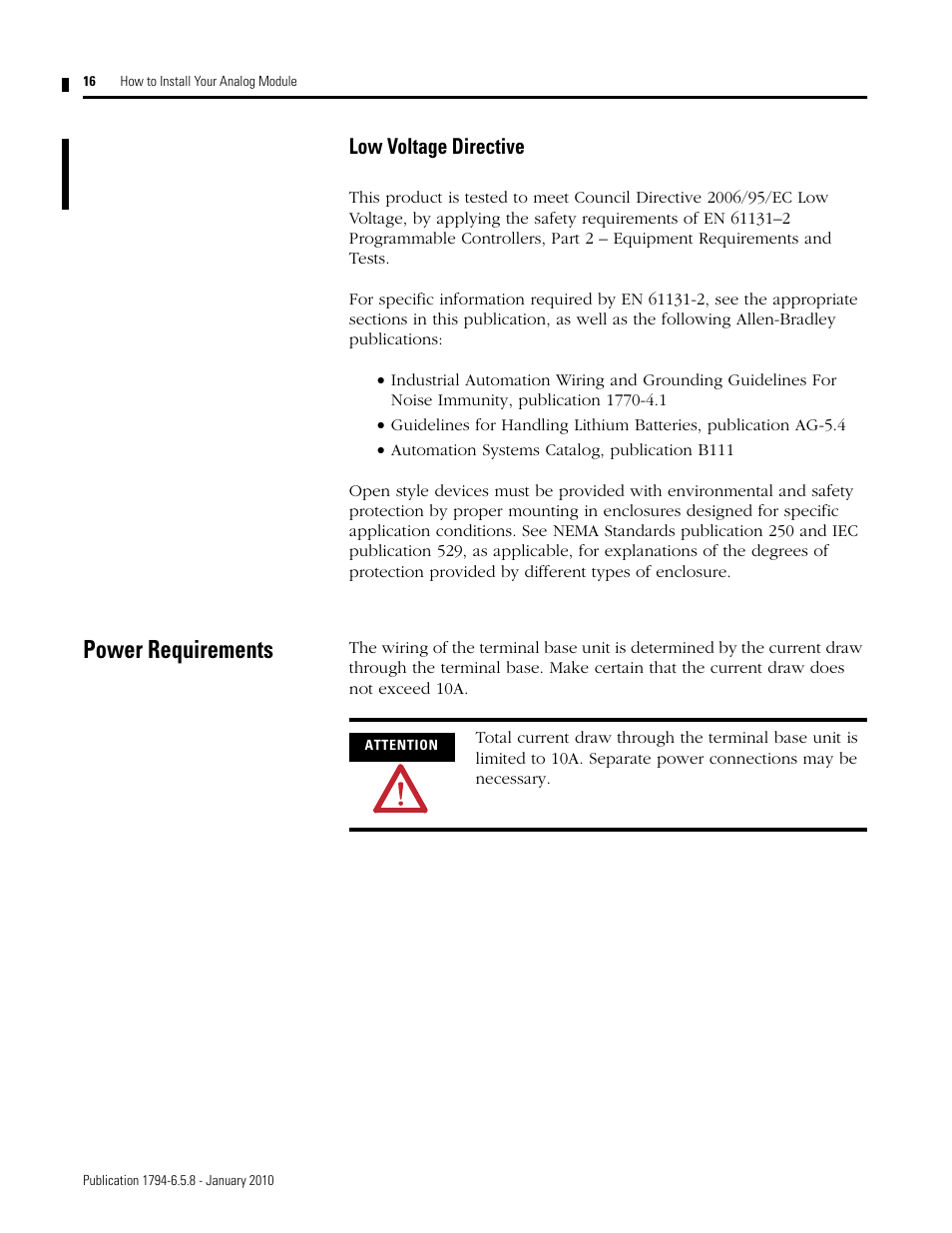 Power requirements, Low voltage directive (to be confirmed), Low voltage directive | Rockwell Automation 1794-IF4I, -OF4I, IF2XOF2I, -IF4IXT, -IF4ICFXT, -OF4IXT, IF2XOF2IXT FLEX I/O Isolated Analog Modules User Manual | Page 16 / 147