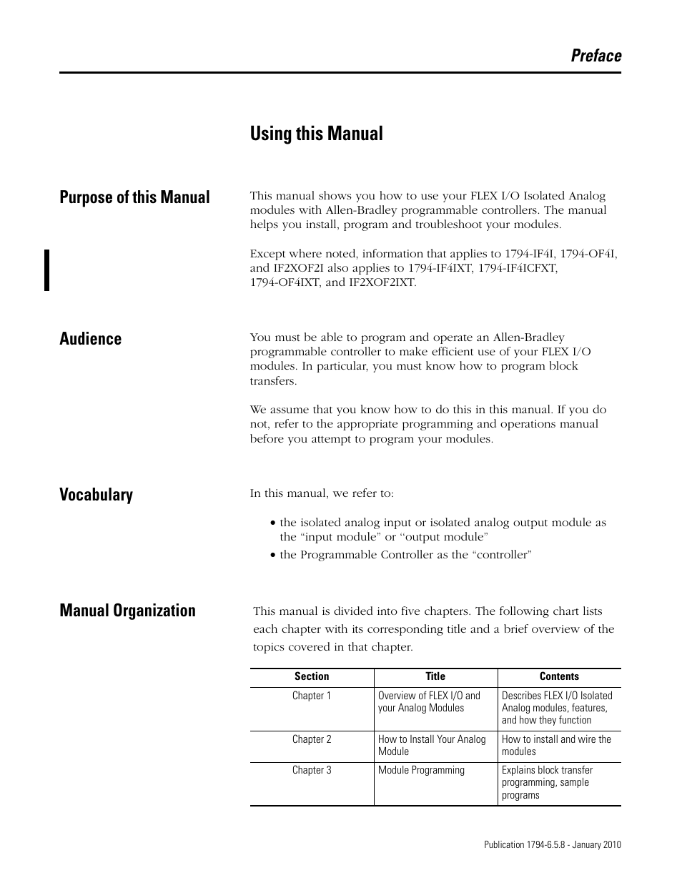 Preface, Purpose of this manual, Audience | Vocabulary, Manual organization, Using this manual | Rockwell Automation 1794-IF4I, -OF4I, IF2XOF2I, -IF4IXT, -IF4ICFXT, -OF4IXT, IF2XOF2IXT FLEX I/O Isolated Analog Modules User Manual | Page 3 / 147