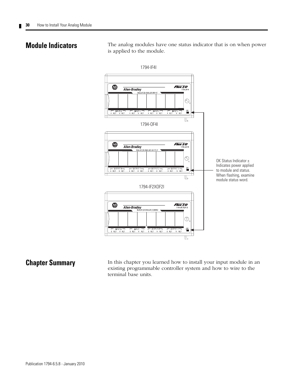 Module indicators, Chapter summary, Module indicators chapter summary | Rockwell Automation 1794-IF4I, -OF4I, IF2XOF2I, -IF4IXT, -IF4ICFXT, -OF4IXT, IF2XOF2IXT FLEX I/O Isolated Analog Modules User Manual | Page 30 / 147