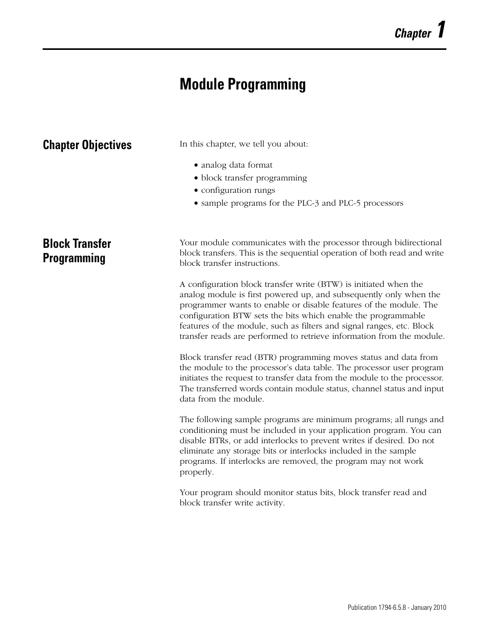 Module programming, Chapter objectives, Block transfer programming | Chapter 3, Chapter, Chapter objectives block transfer programming | Rockwell Automation 1794-IF4I, -OF4I, IF2XOF2I, -IF4IXT, -IF4ICFXT, -OF4IXT, IF2XOF2IXT FLEX I/O Isolated Analog Modules User Manual | Page 31 / 147