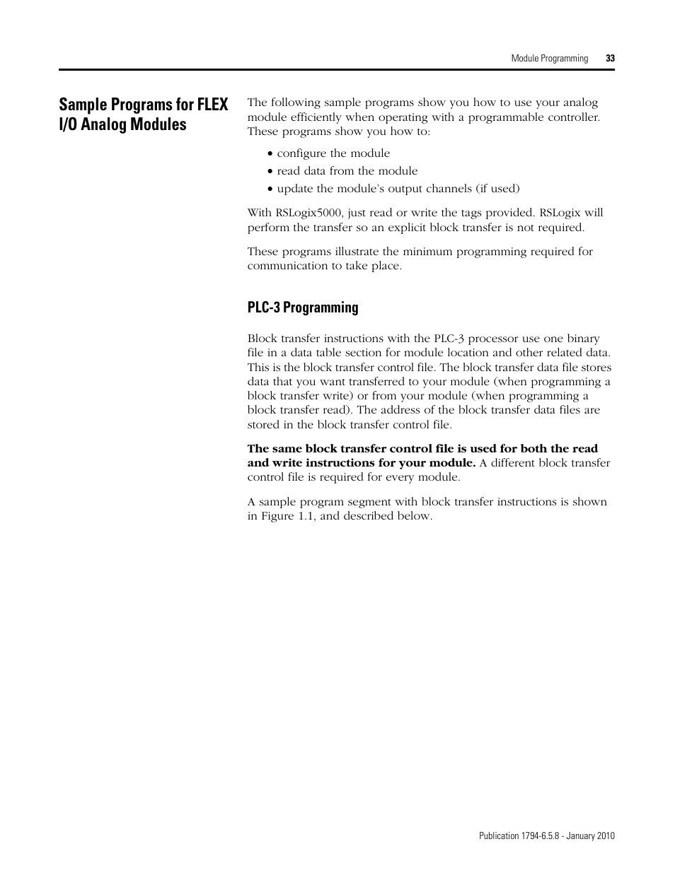 Sample programs for flex i/o analog modules, Plc-3 programming | Rockwell Automation 1794-IF4I, -OF4I, IF2XOF2I, -IF4IXT, -IF4ICFXT, -OF4IXT, IF2XOF2IXT FLEX I/O Isolated Analog Modules User Manual | Page 33 / 147
