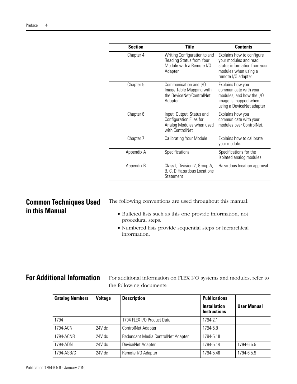 Common techniques used in this manual, For additional information | Rockwell Automation 1794-IF4I, -OF4I, IF2XOF2I, -IF4IXT, -IF4ICFXT, -OF4IXT, IF2XOF2IXT FLEX I/O Isolated Analog Modules User Manual | Page 4 / 147