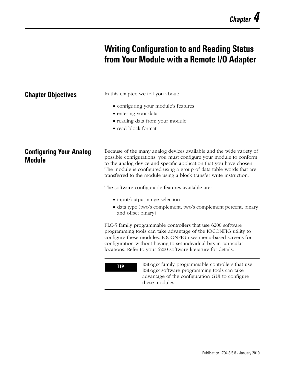 Chapter objectives, Configuring your analog module, Chapter 4 | Chapter, Chapter objectives configuring your analog module | Rockwell Automation 1794-IF4I, -OF4I, IF2XOF2I, -IF4IXT, -IF4ICFXT, -OF4IXT, IF2XOF2IXT FLEX I/O Isolated Analog Modules User Manual | Page 53 / 147