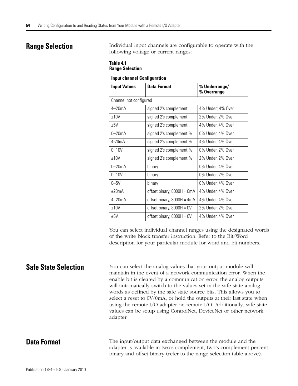 Range selection, Safe state selection, Data format | Range selection safe state selection data format | Rockwell Automation 1794-IF4I, -OF4I, IF2XOF2I, -IF4IXT, -IF4ICFXT, -OF4IXT, IF2XOF2IXT FLEX I/O Isolated Analog Modules User Manual | Page 54 / 147