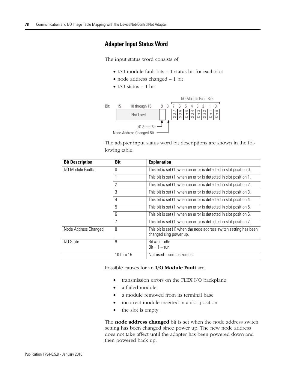 Adapter input status word | Rockwell Automation 1794-IF4I, -OF4I, IF2XOF2I, -IF4IXT, -IF4ICFXT, -OF4IXT, IF2XOF2IXT FLEX I/O Isolated Analog Modules User Manual | Page 78 / 147