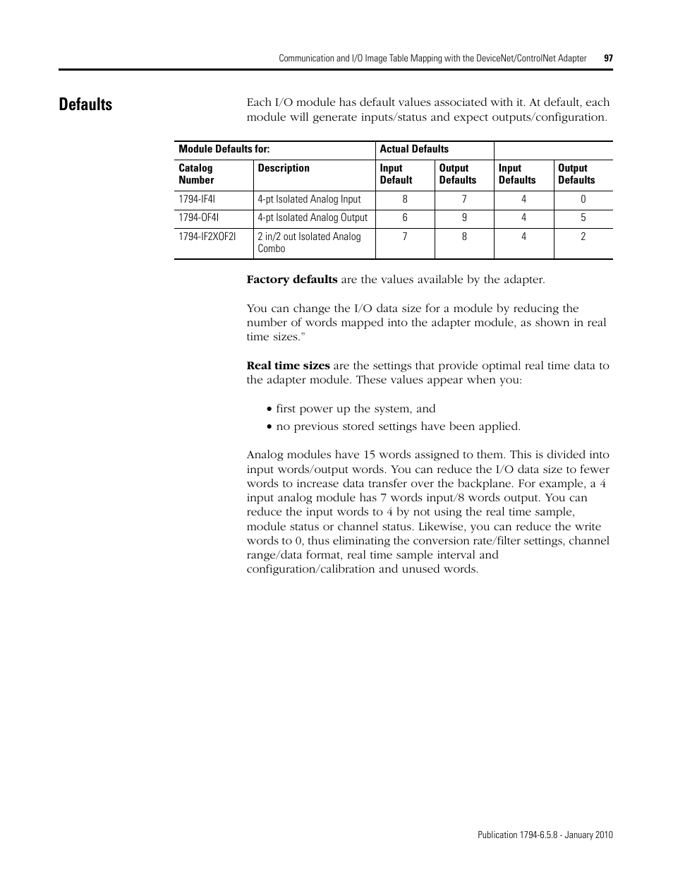 Defaults | Rockwell Automation 1794-IF4I, -OF4I, IF2XOF2I, -IF4IXT, -IF4ICFXT, -OF4IXT, IF2XOF2IXT FLEX I/O Isolated Analog Modules User Manual | Page 97 / 147