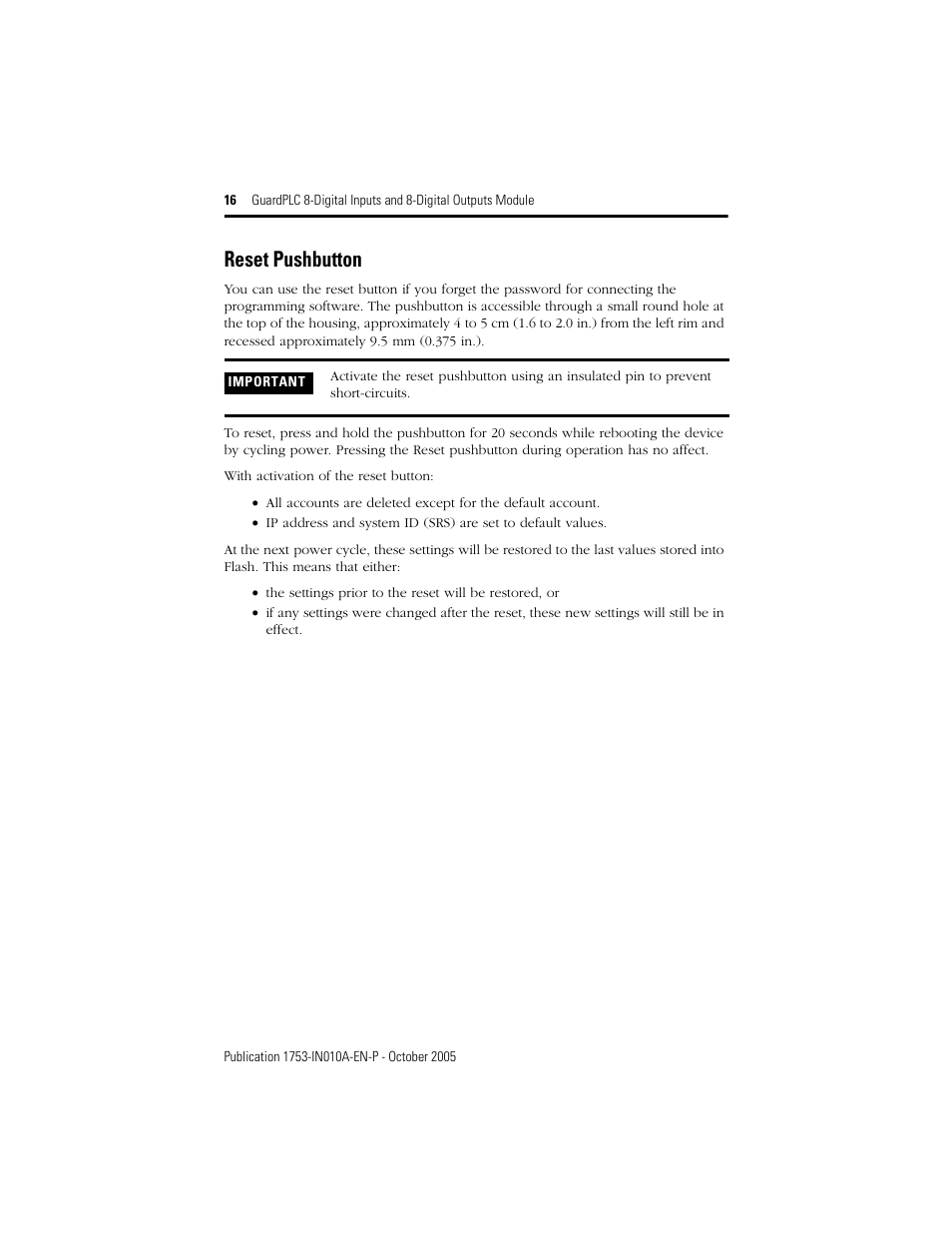 Reset pushbutton | Rockwell Automation 1753-IB8XOB8 GuardPLC 8-Digital Inputs and 8-Digital Outputs Module Installation Instructions User Manual | Page 16 / 20