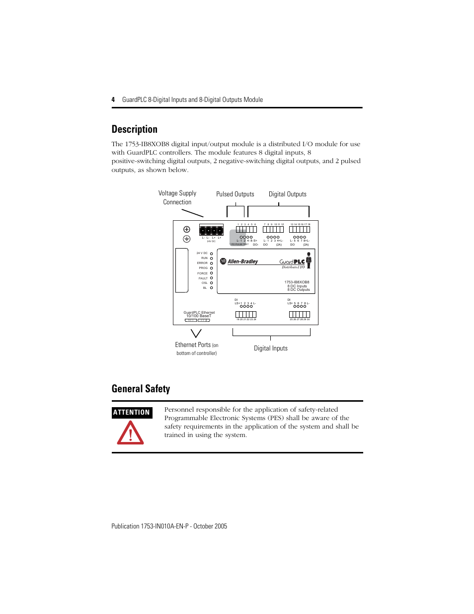 Description, General safety, 4 general safety | Pulsed outputs | Rockwell Automation 1753-IB8XOB8 GuardPLC 8-Digital Inputs and 8-Digital Outputs Module Installation Instructions User Manual | Page 4 / 20