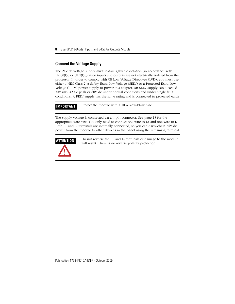 Connect the voltage supply | Rockwell Automation 1753-IB8XOB8 GuardPLC 8-Digital Inputs and 8-Digital Outputs Module Installation Instructions User Manual | Page 8 / 20