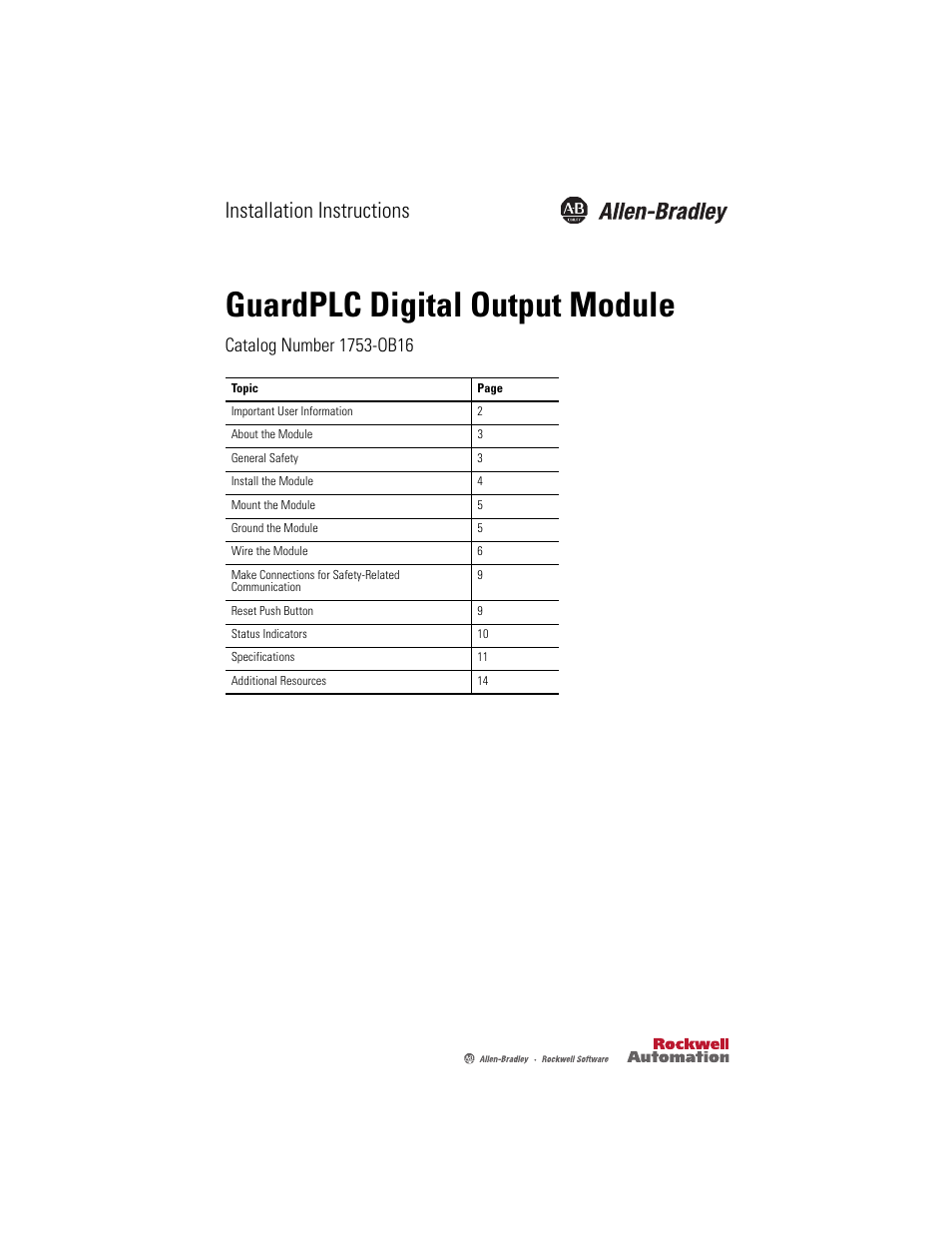Rockwell Automation 1753-OB16 GuardPLC Digital Output Module Installation Instructions User Manual | 16 pages