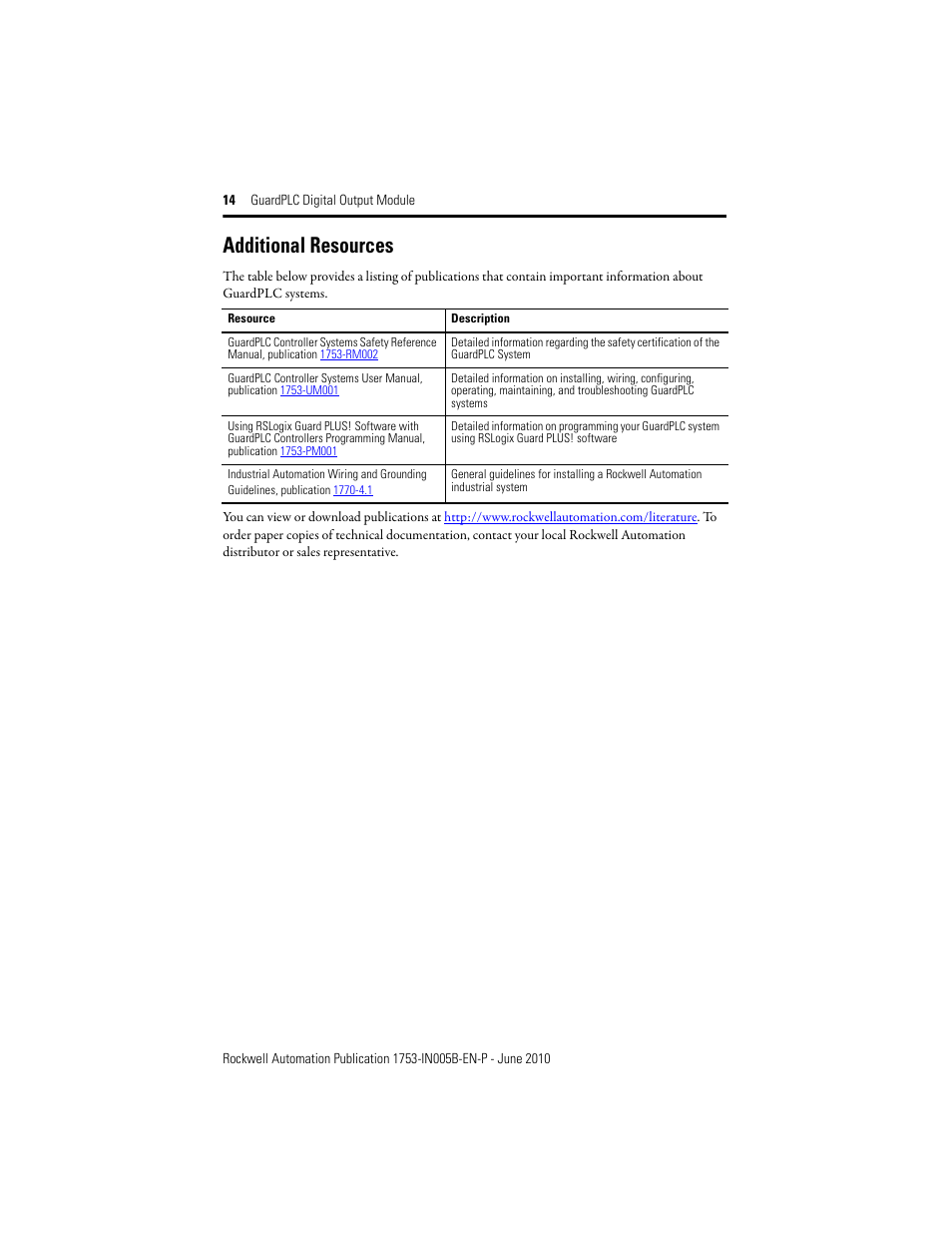 Additional resources | Rockwell Automation 1753-OB16 GuardPLC Digital Output Module Installation Instructions User Manual | Page 14 / 16