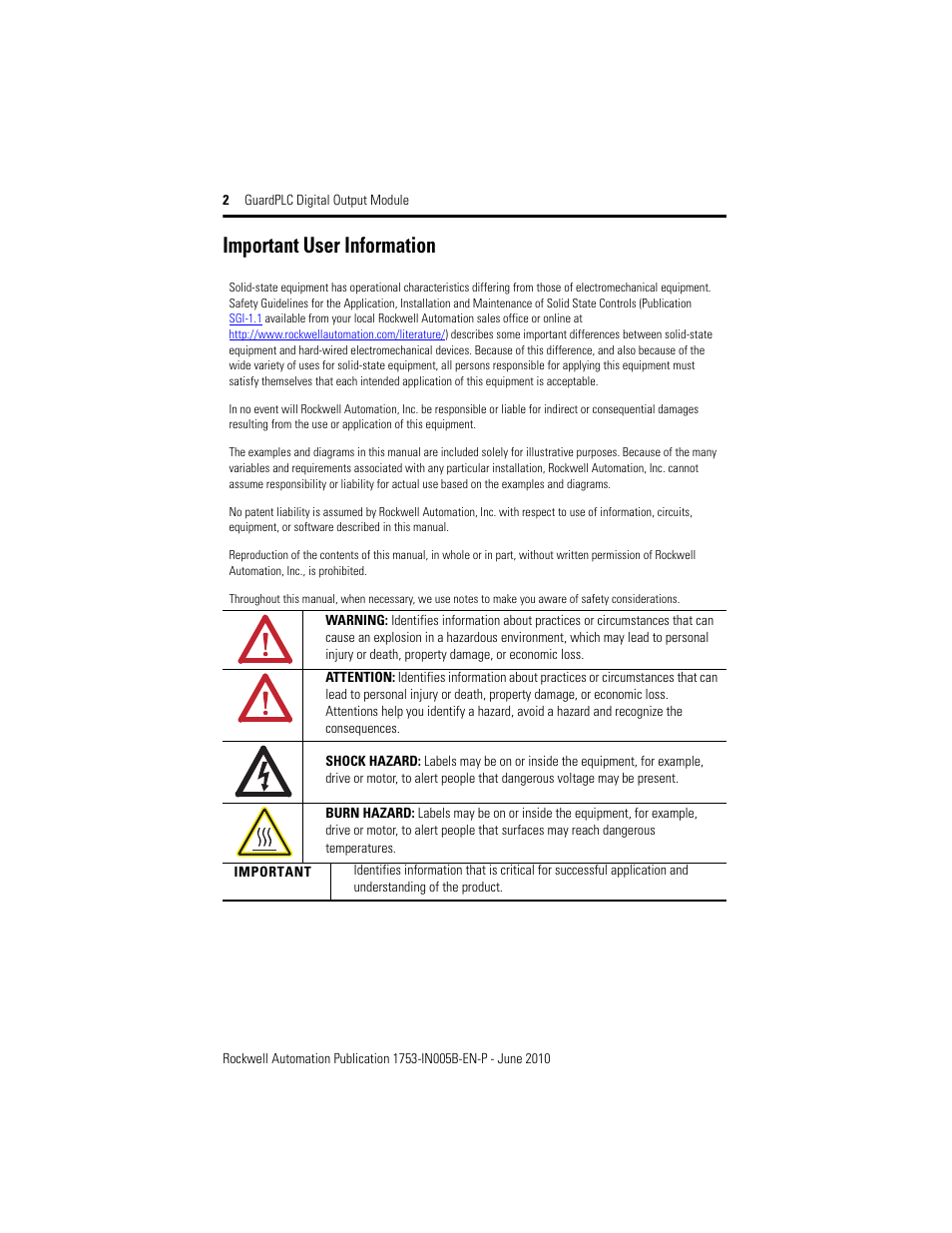 Important user information | Rockwell Automation 1753-OB16 GuardPLC Digital Output Module Installation Instructions User Manual | Page 2 / 16