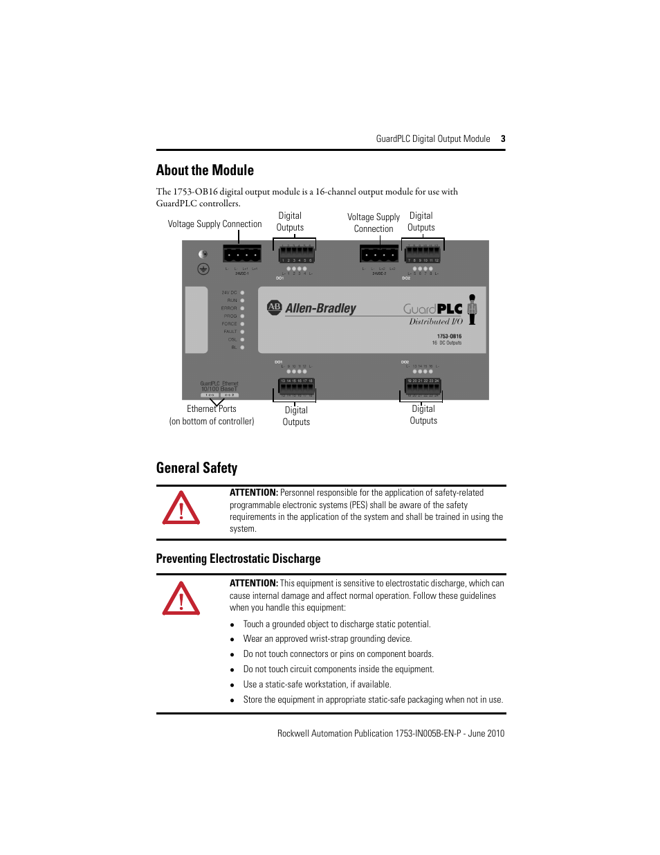 About the module, General safety, Preventing electrostatic discharge | Rockwell Automation 1753-OB16 GuardPLC Digital Output Module Installation Instructions User Manual | Page 3 / 16