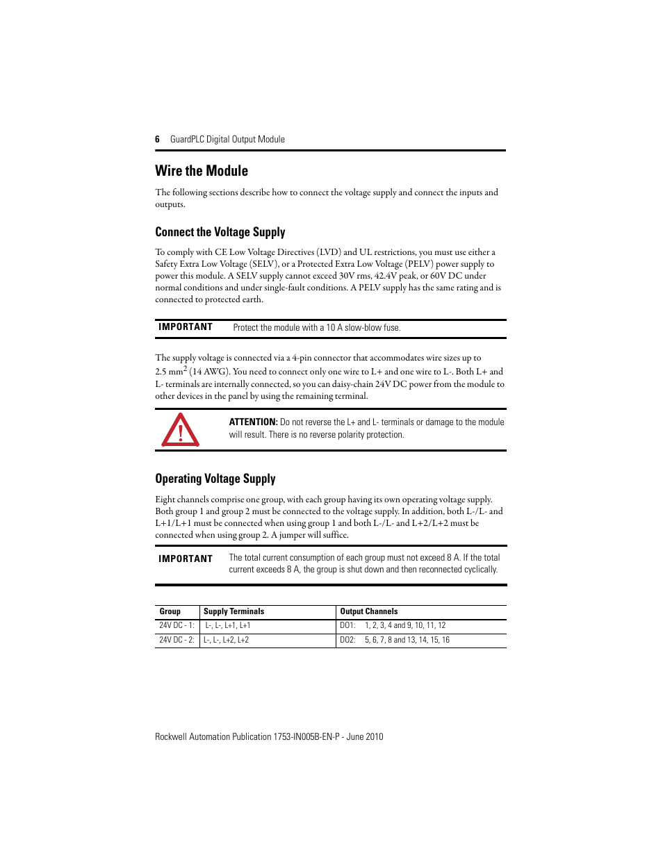 Wire the module, Connect the voltage supply, Operating voltage supply | Rockwell Automation 1753-OB16 GuardPLC Digital Output Module Installation Instructions User Manual | Page 6 / 16