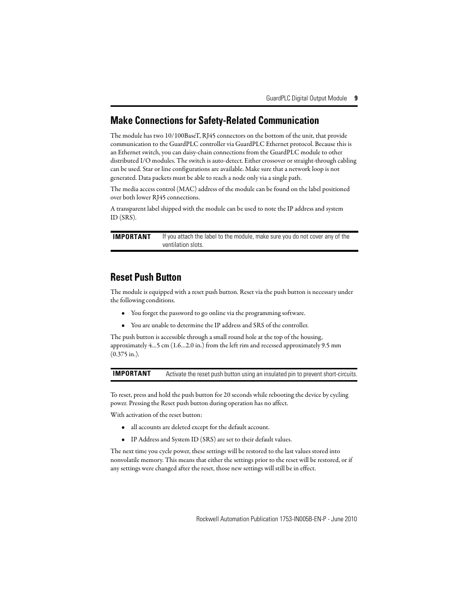 Make connections for safety-related communication, Reset push button | Rockwell Automation 1753-OB16 GuardPLC Digital Output Module Installation Instructions User Manual | Page 9 / 16