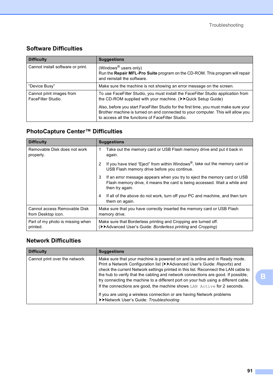 Software difficulties, Photocapture center™ difficulties, Network difficulties | Brother Printer MFC-J5910DW User Manual | Page 105 / 155