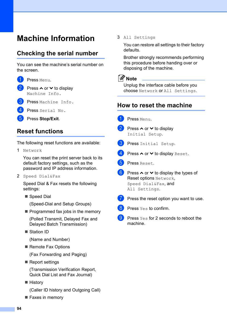 Machine information, Checking the serial number, Reset functions | How to reset the machine | Brother Printer MFC-J5910DW User Manual | Page 108 / 155