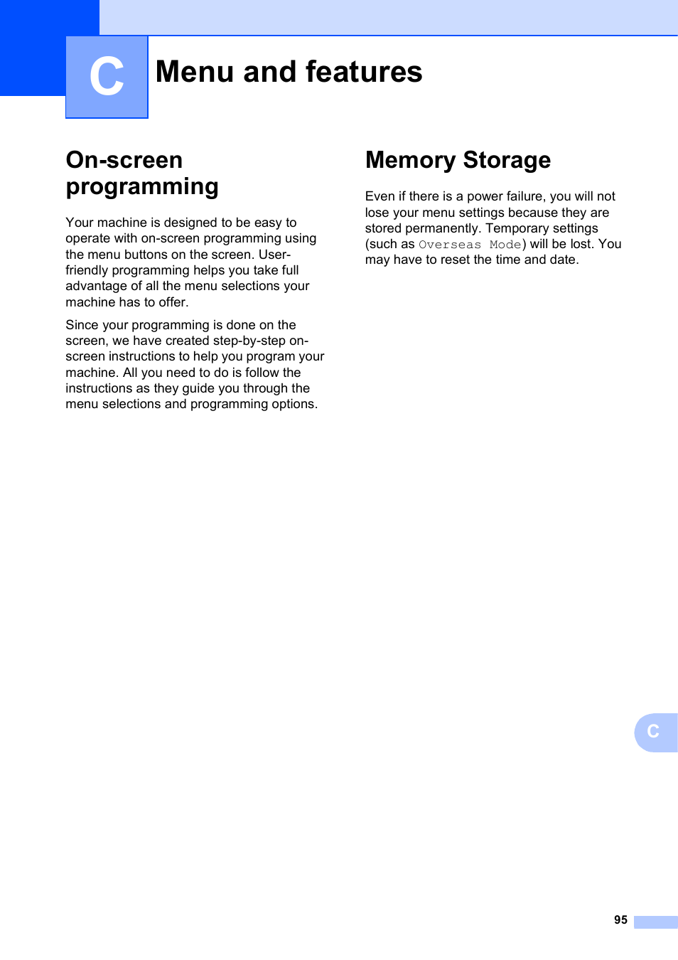 C menu and features, On-screen programming, Memory storage | Menu and features, On-screen programming memory storage | Brother Printer MFC-J5910DW User Manual | Page 109 / 155