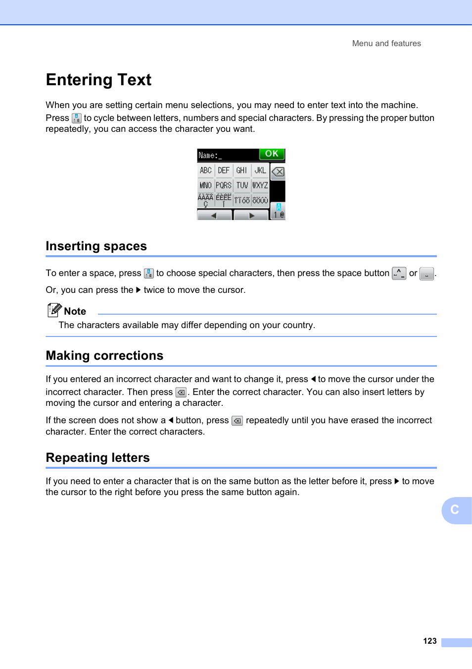 Entering text, Inserting spaces, Making corrections | Repeating letters, Ee entering text uu, Entering text uu | Brother Printer MFC-J5910DW User Manual | Page 137 / 155