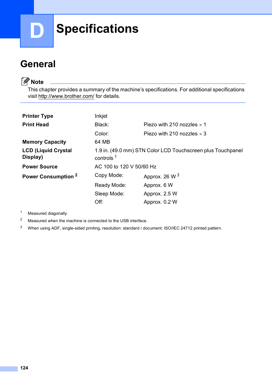 D specifications, General, Specifications | Brother Printer MFC-J5910DW User Manual | Page 138 / 155