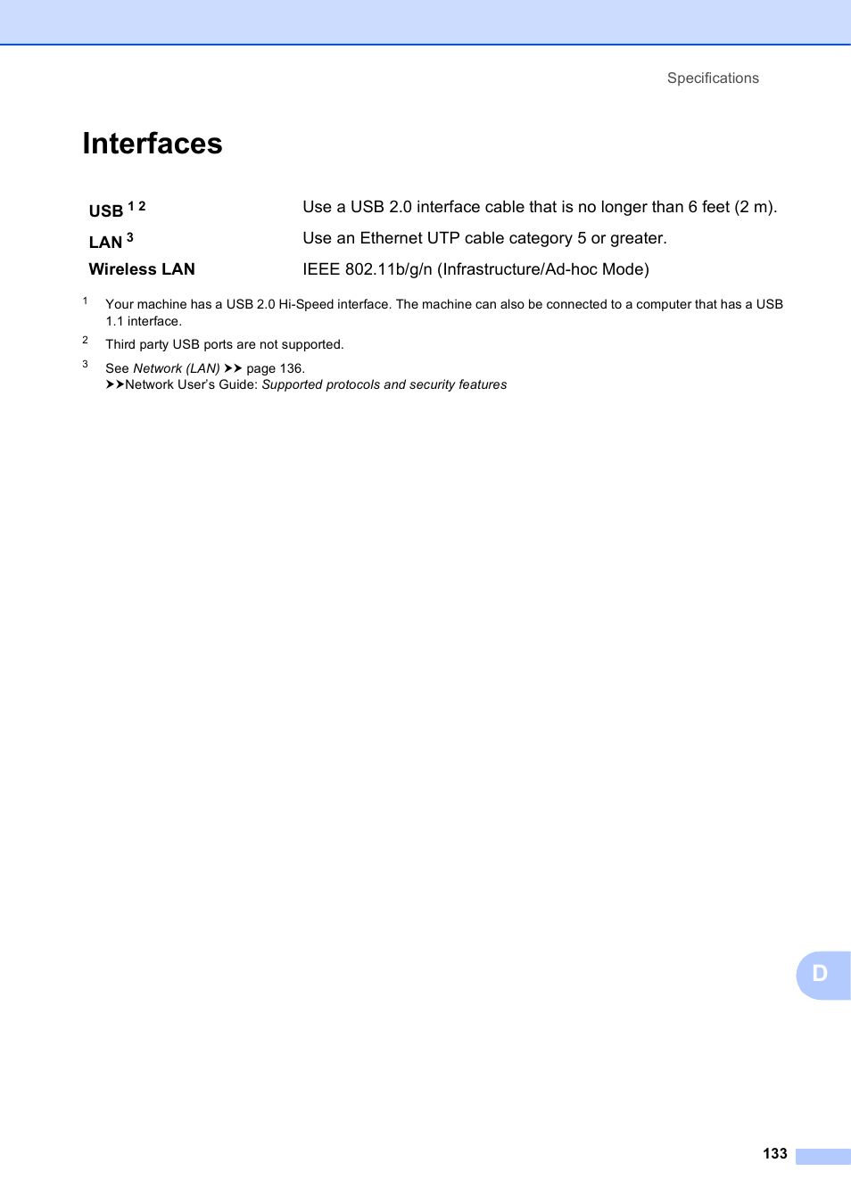 Interfaces | Brother Printer MFC-J5910DW User Manual | Page 147 / 155