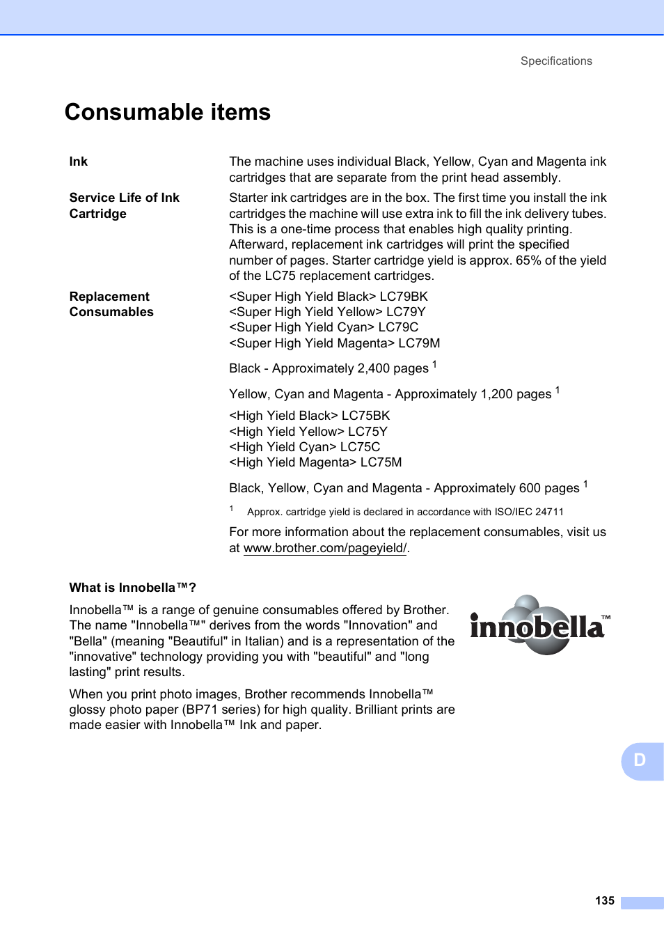 Consumable items | Brother Printer MFC-J5910DW User Manual | Page 149 / 155