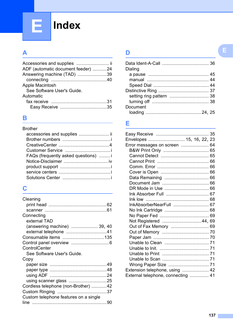 Index | Brother Printer MFC-J5910DW User Manual | Page 151 / 155