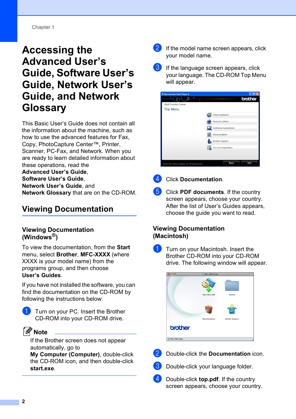 Viewing documentation, Viewing documentation (windows®), Viewing documentation (macintosh) | Network user’s guide, and network glossary | Brother Printer MFC-J5910DW User Manual | Page 16 / 155