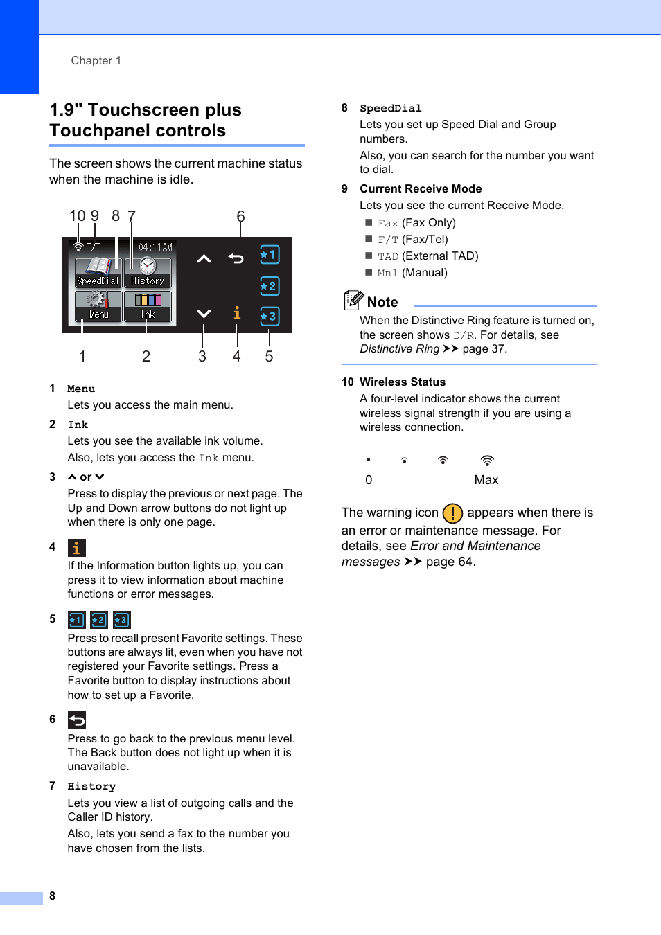 9" touchscreen plus touchpanel controls | Brother Printer MFC-J5910DW User Manual | Page 22 / 155