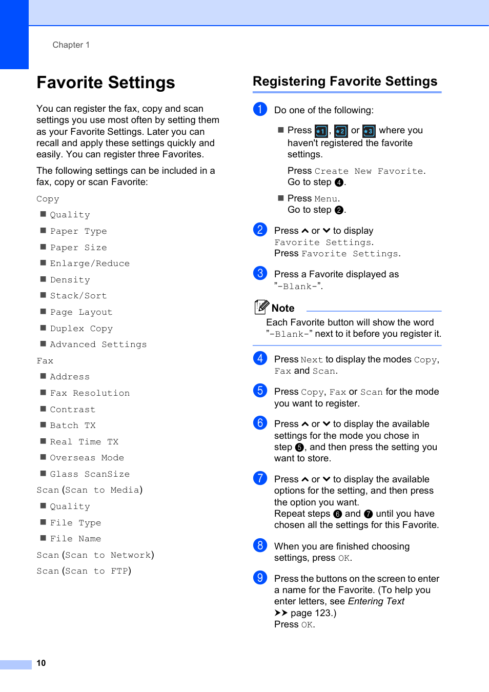 Favorite settings, Registering favorite settings | Brother Printer MFC-J5910DW User Manual | Page 24 / 155