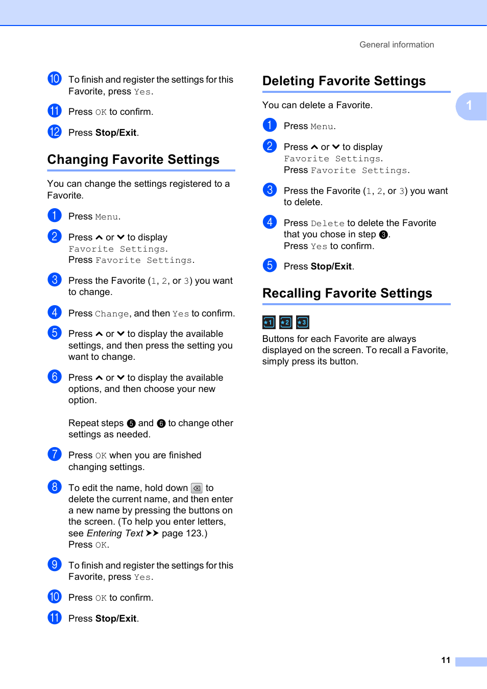 Changing favorite settings, Deleting favorite settings, Recalling favorite settings | Brother Printer MFC-J5910DW User Manual | Page 25 / 155