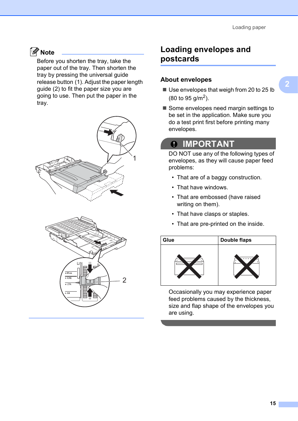 Loading envelopes and postcards, About envelopes, Important | Brother Printer MFC-J5910DW User Manual | Page 29 / 155