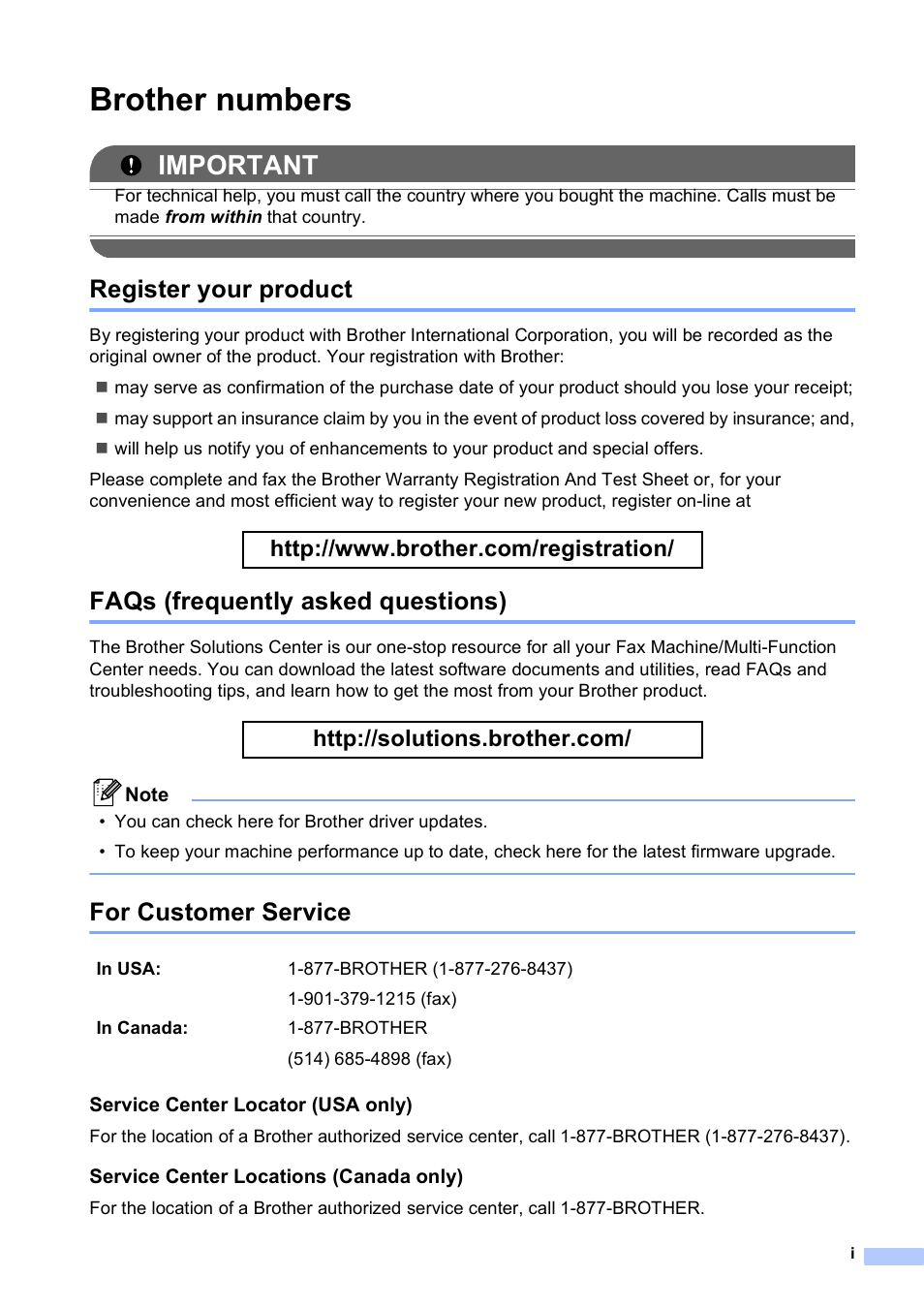 Brother numbers, Register your product, Faqs (frequently asked questions) | For customer service, Important | Brother Printer MFC-J5910DW User Manual | Page 3 / 155