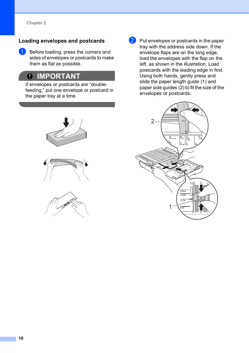 Loading envelopes and postcards, Important | Brother Printer MFC-J5910DW User Manual | Page 30 / 155