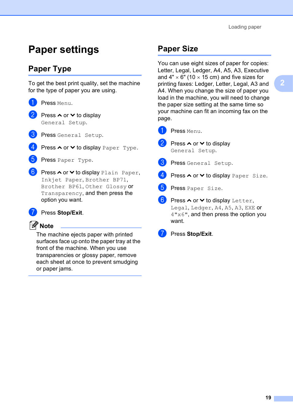 Paper settings, Paper type, Paper size | Paper type paper size | Brother Printer MFC-J5910DW User Manual | Page 33 / 155