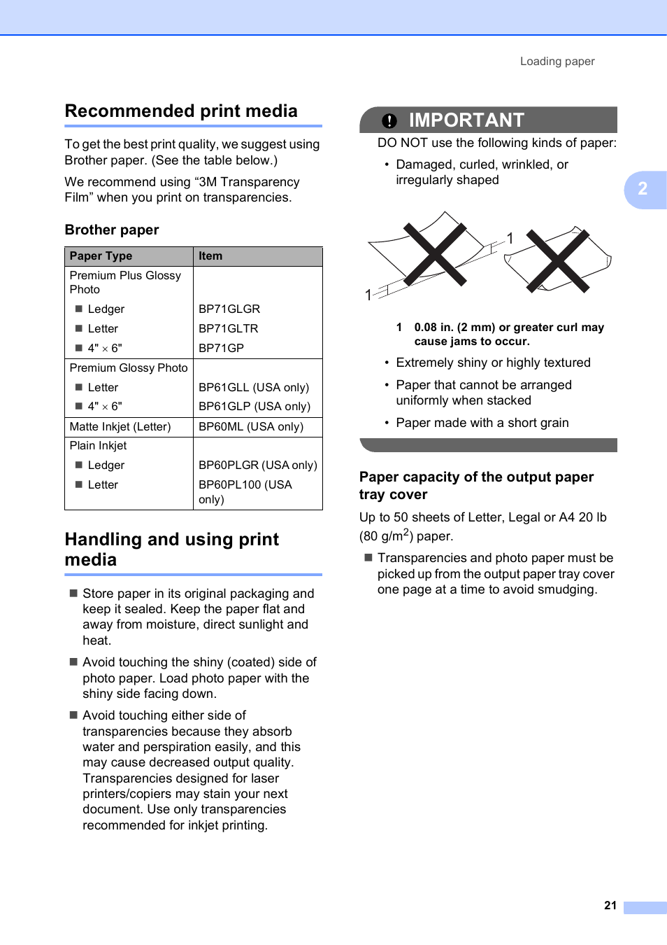Recommended print media, Handling and using print media, Paper capacity of the output paper tray cover | Important, 2recommended print media, Brother paper | Brother Printer MFC-J5910DW User Manual | Page 35 / 155