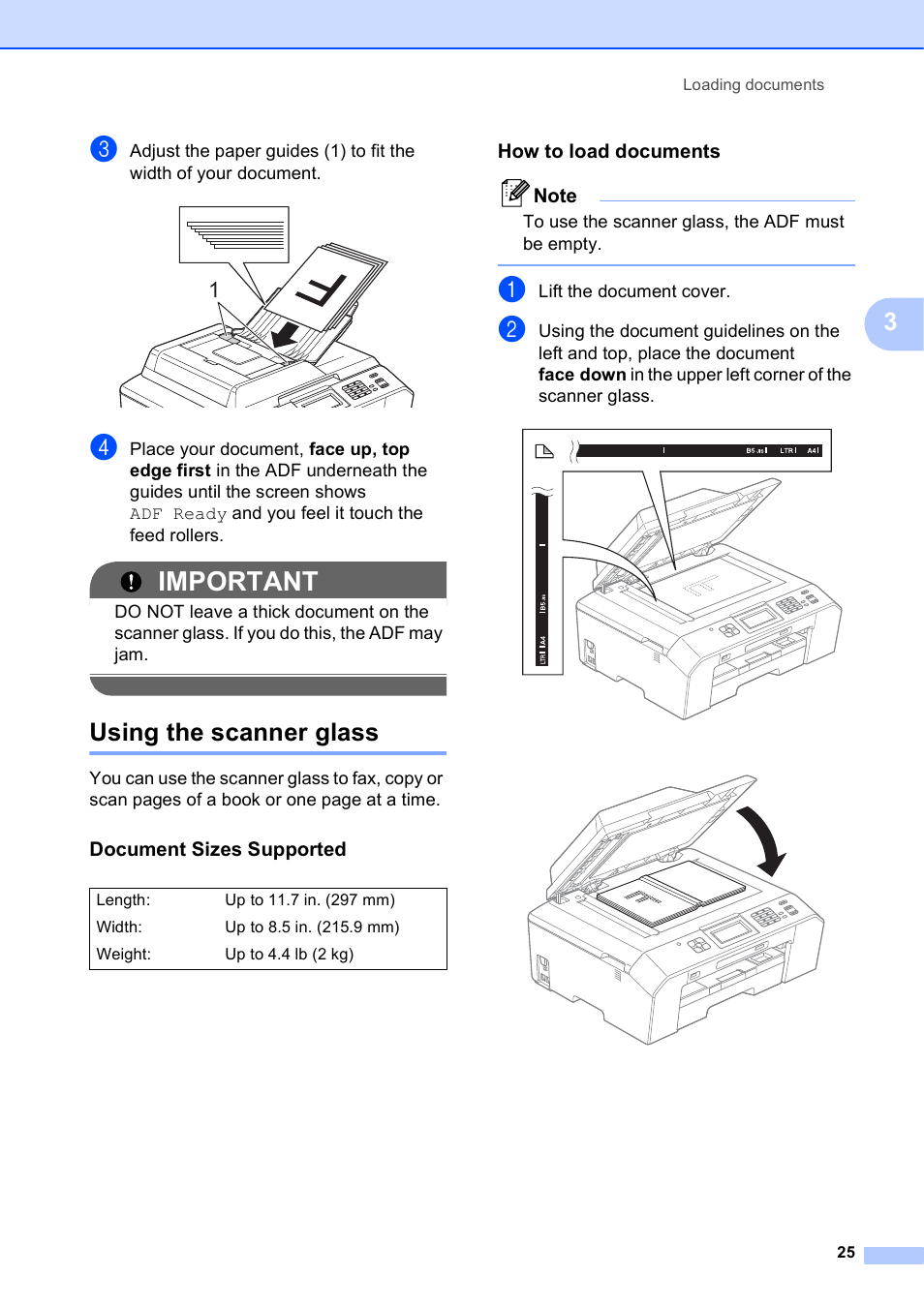 Using the scanner glass, Document sizes supported, How to load documents | Important | Brother Printer MFC-J5910DW User Manual | Page 39 / 155