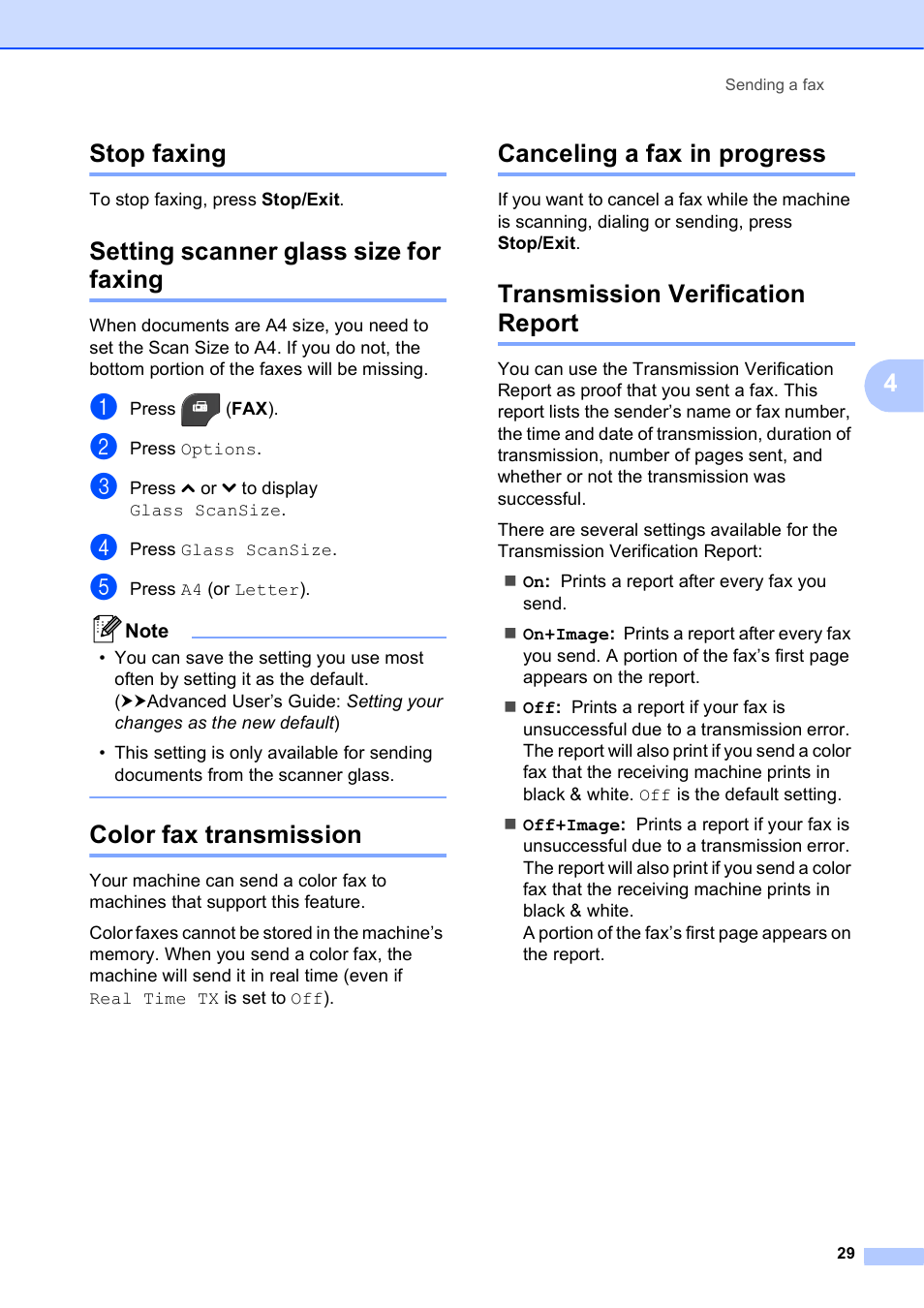 Stop faxing, Setting scanner glass size for faxing, Color fax transmission | Canceling a fax in progress, Transmission verification report, 29 t, 4stop faxing | Brother Printer MFC-J5910DW User Manual | Page 43 / 155